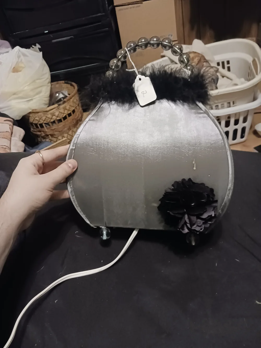 Silver Velvet Round Evening Bag with Black Feather Trim